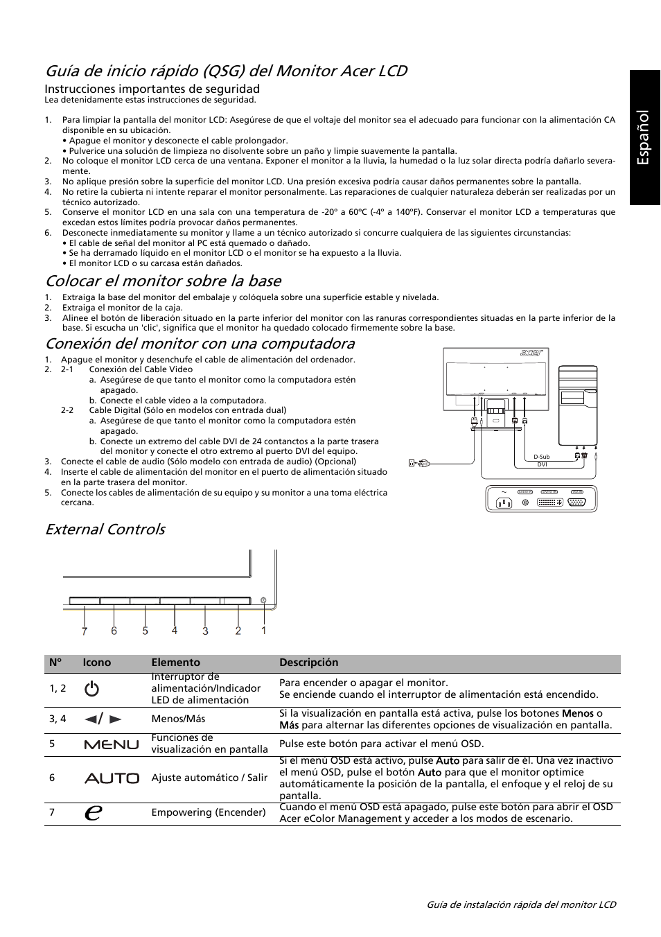 Guía de inicio rápido (qsg) del monitor acer lcd, Colocar el monitor sobre la base, Es paño l | Conexión del monitor con una computadora, External controls | Acer K192WL User Manual | Page 26 / 32