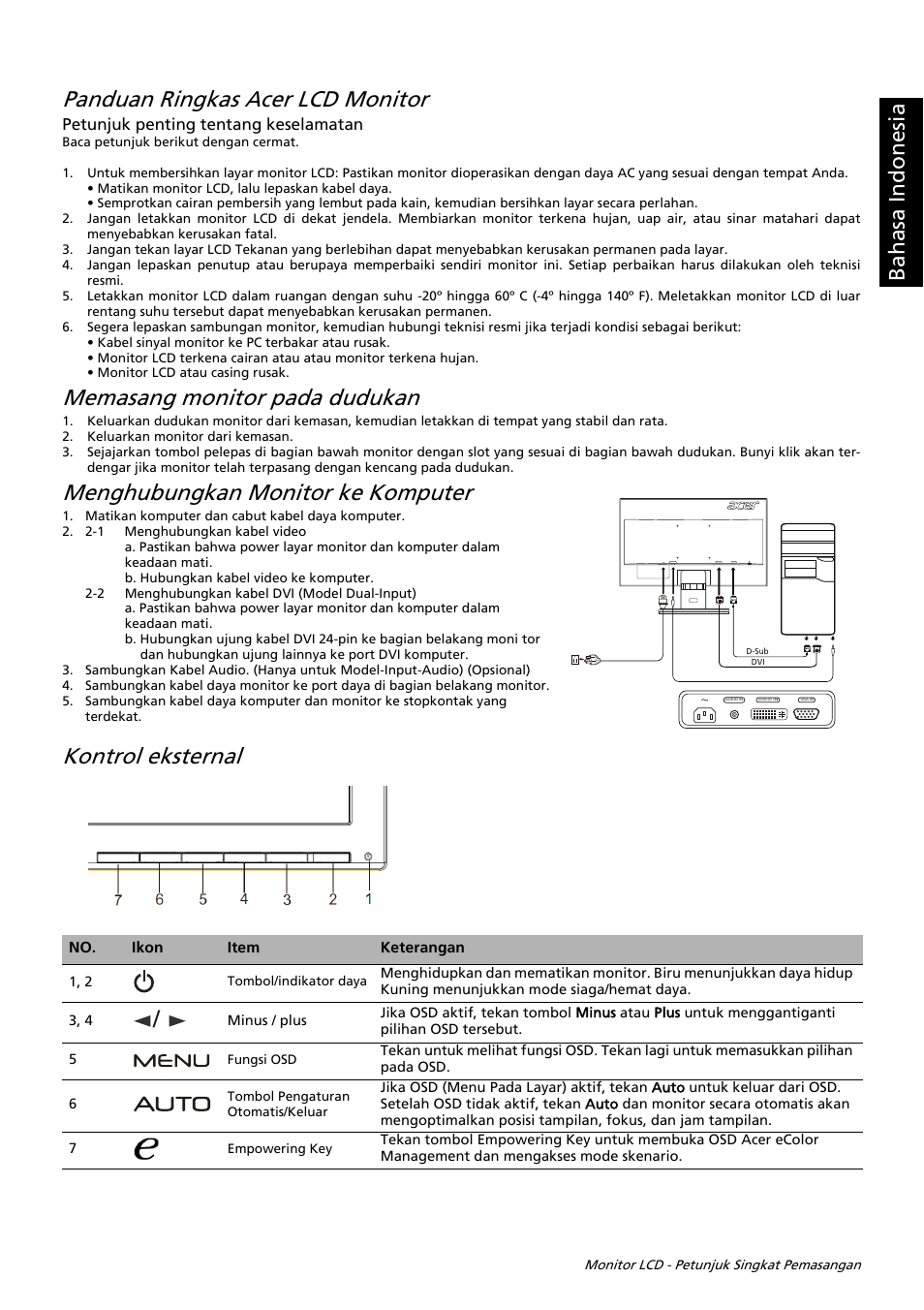 Panduan ringkas acer lcd monitor, Memasang monitor pada dudukan, Menghubungkan monitor ke komputer | Kontrol eksternal, Ba has a in done sia | Acer K192WL User Manual | Page 6 / 32