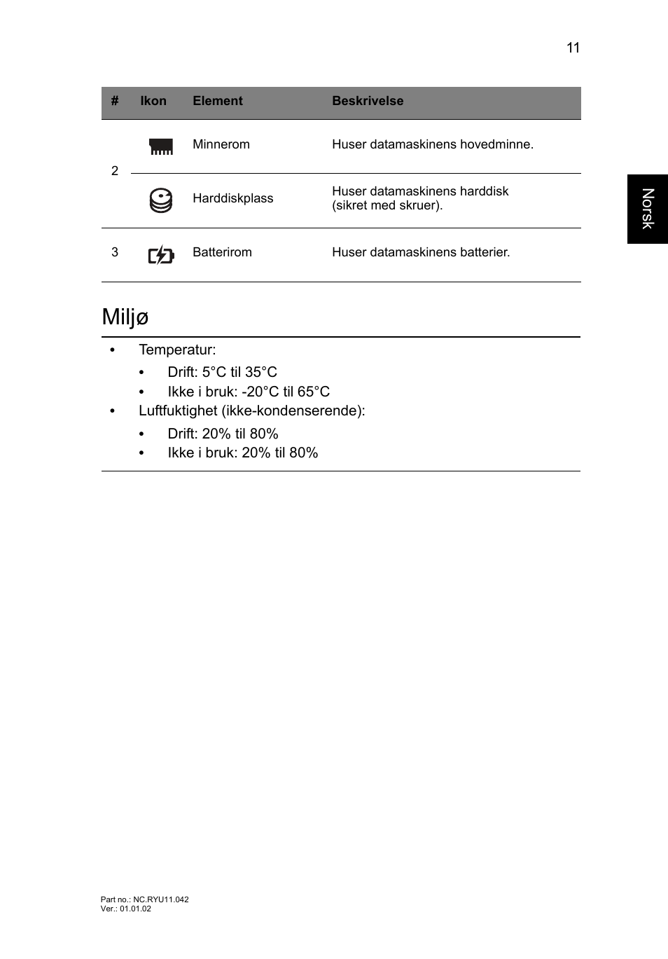 Miljø | Acer Aspire V3-431 User Manual | Page 101 / 362