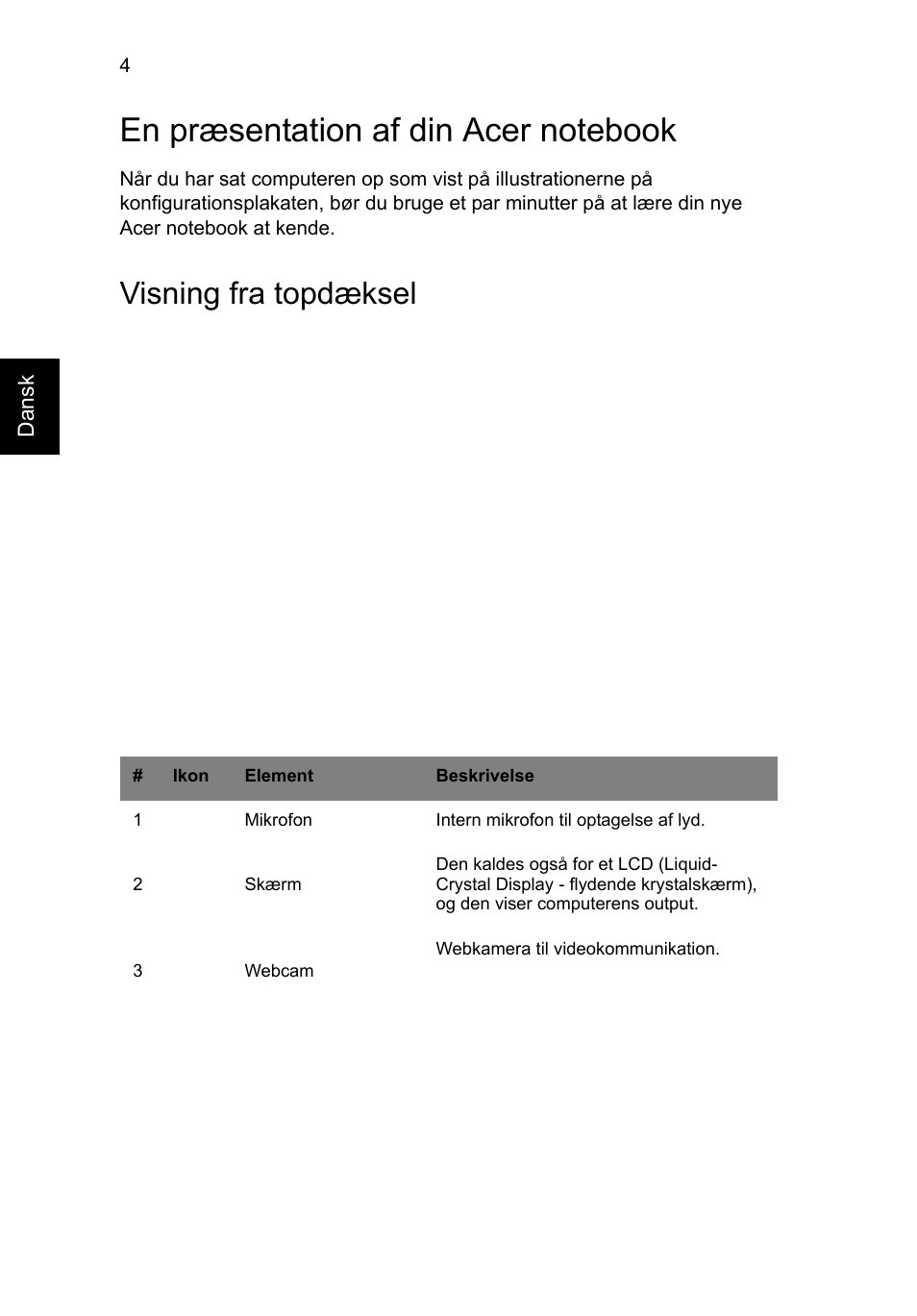 En præsentation af din acer notebook, Visning fra topdæksel | Acer Aspire V3-431 User Manual | Page 106 / 362
