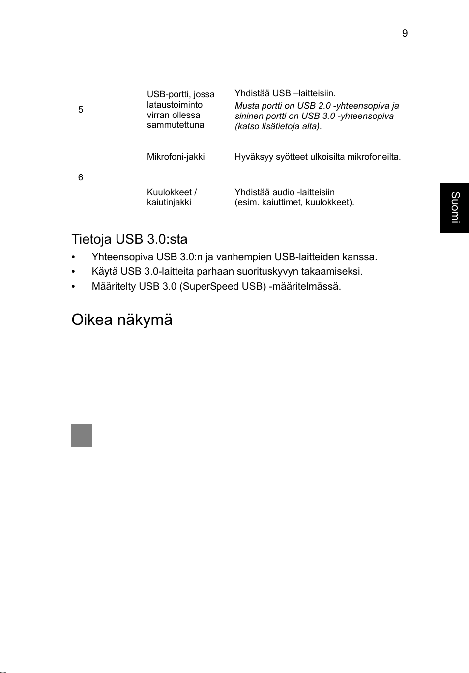 Oikea näkymä, Tietoja usb 3.0:sta | Acer Aspire V3-431 User Manual | Page 123 / 362