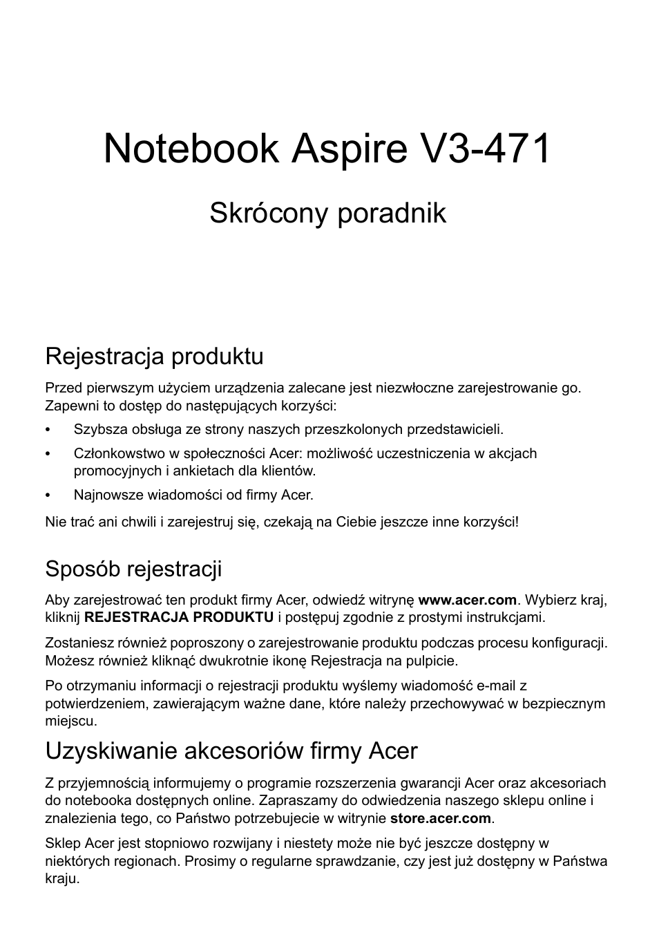 Polski, Rejestracja produktu, Sposób rejestracji | Uzyskiwanie akcesoriów firmy acer, Skrócony poradnik | Acer Aspire V3-431 User Manual | Page 151 / 362