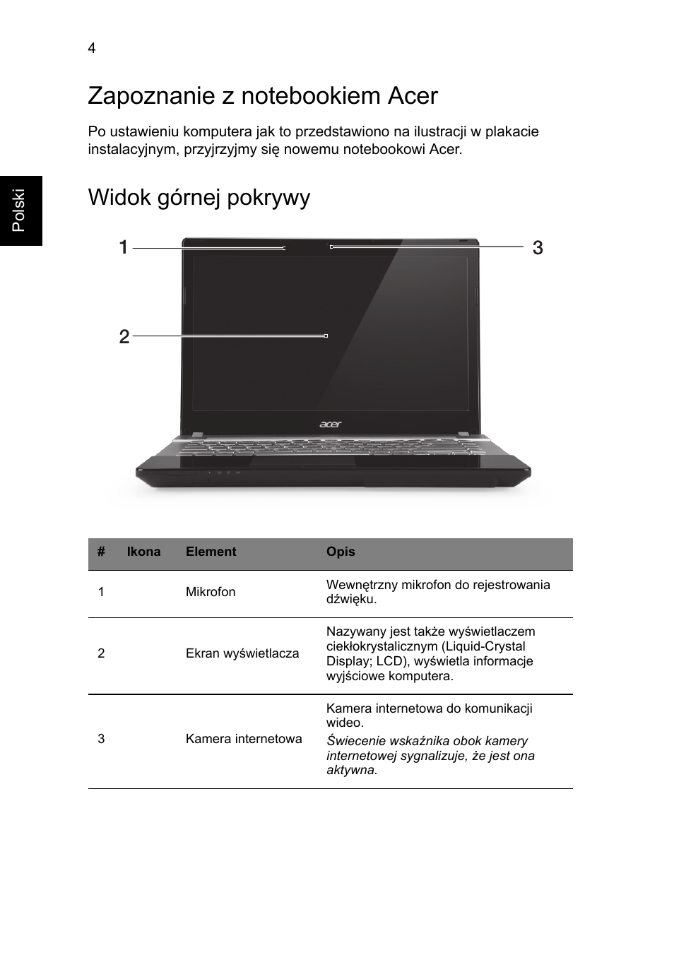 Zapoznanie z notebookiem acer, Widok górnej pokrywy | Acer Aspire V3-431 User Manual | Page 154 / 362