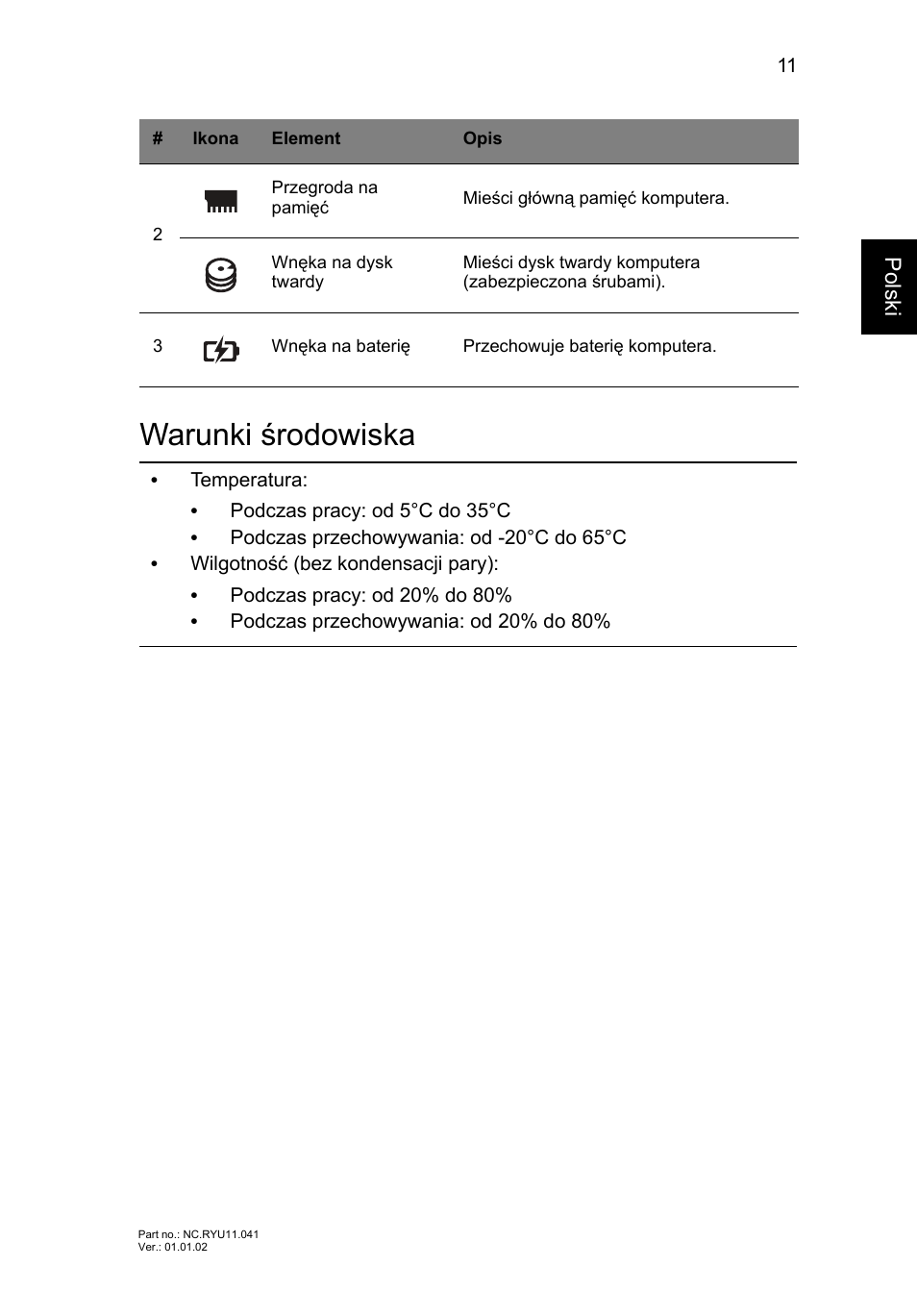 Warunki środowiska | Acer Aspire V3-431 User Manual | Page 161 / 362