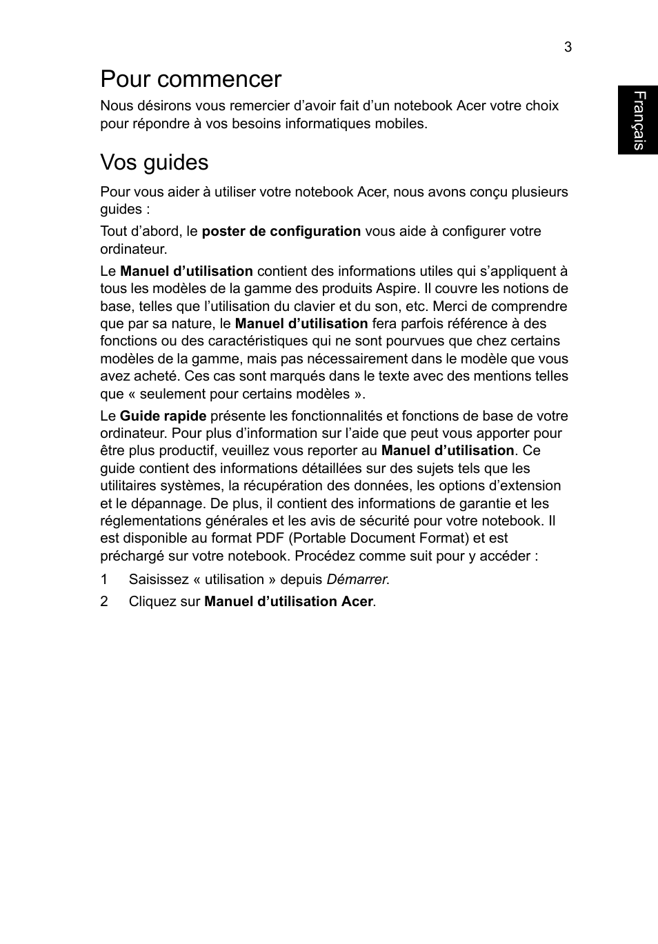 Pour commencer, Vos guides, Français | Acer Aspire V3-431 User Manual | Page 17 / 362
