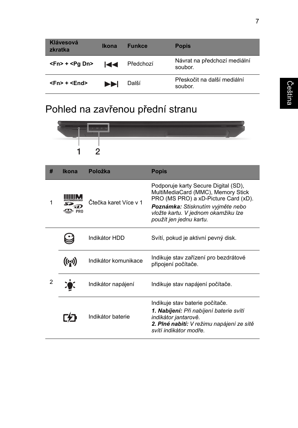 Pohled na zavřenou přední stranu | Acer Aspire V3-431 User Manual | Page 181 / 362