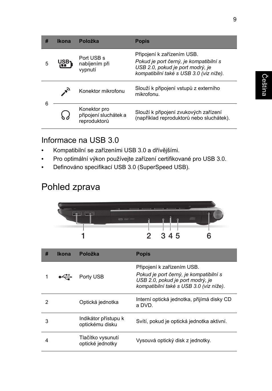 Pohled zprava, Informace na usb 3.0 | Acer Aspire V3-431 User Manual | Page 183 / 362