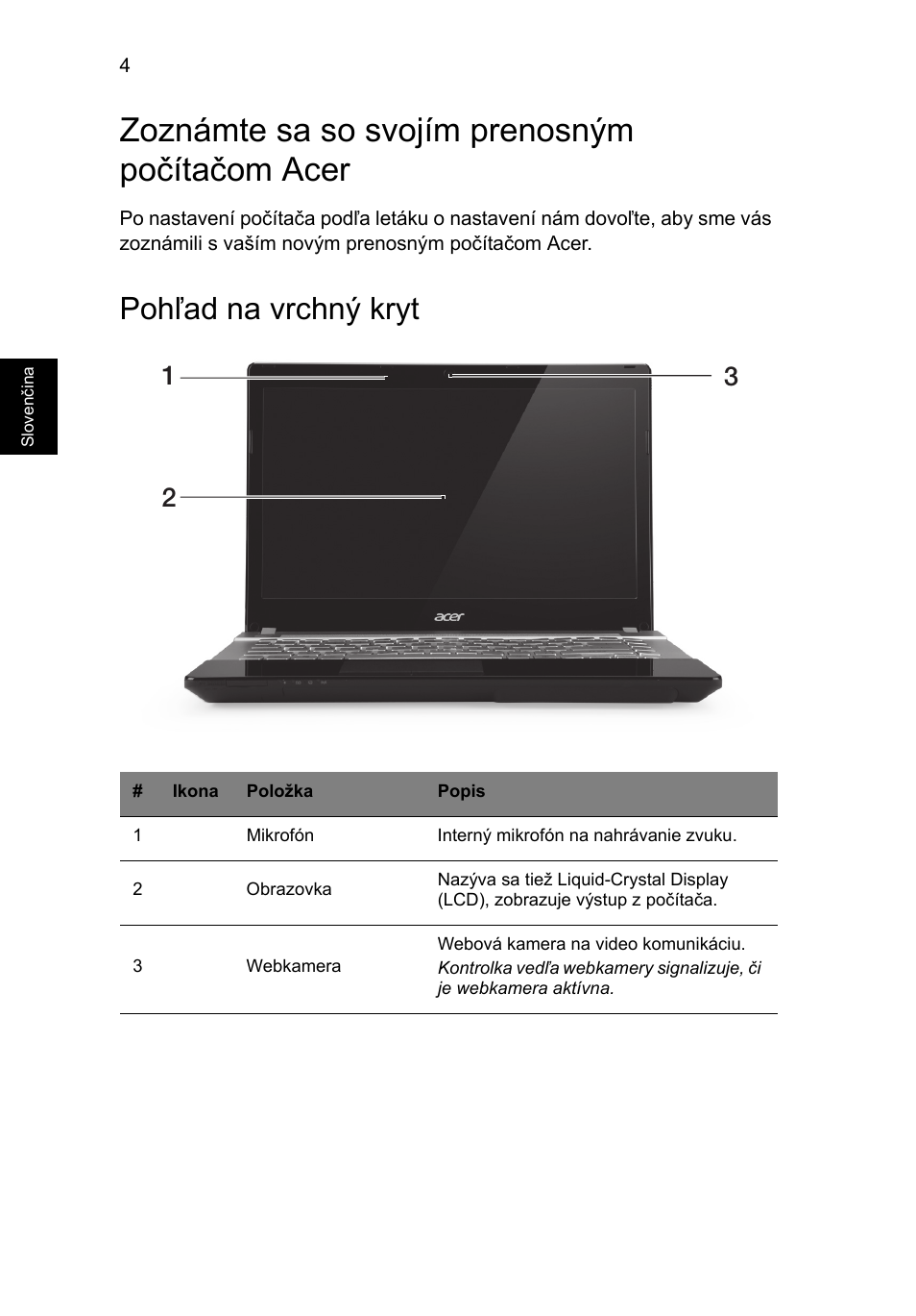 Zoznámte sa so svojím prenosným počítačom acer, Pohľad na vrchný kryt | Acer Aspire V3-431 User Manual | Page 190 / 362