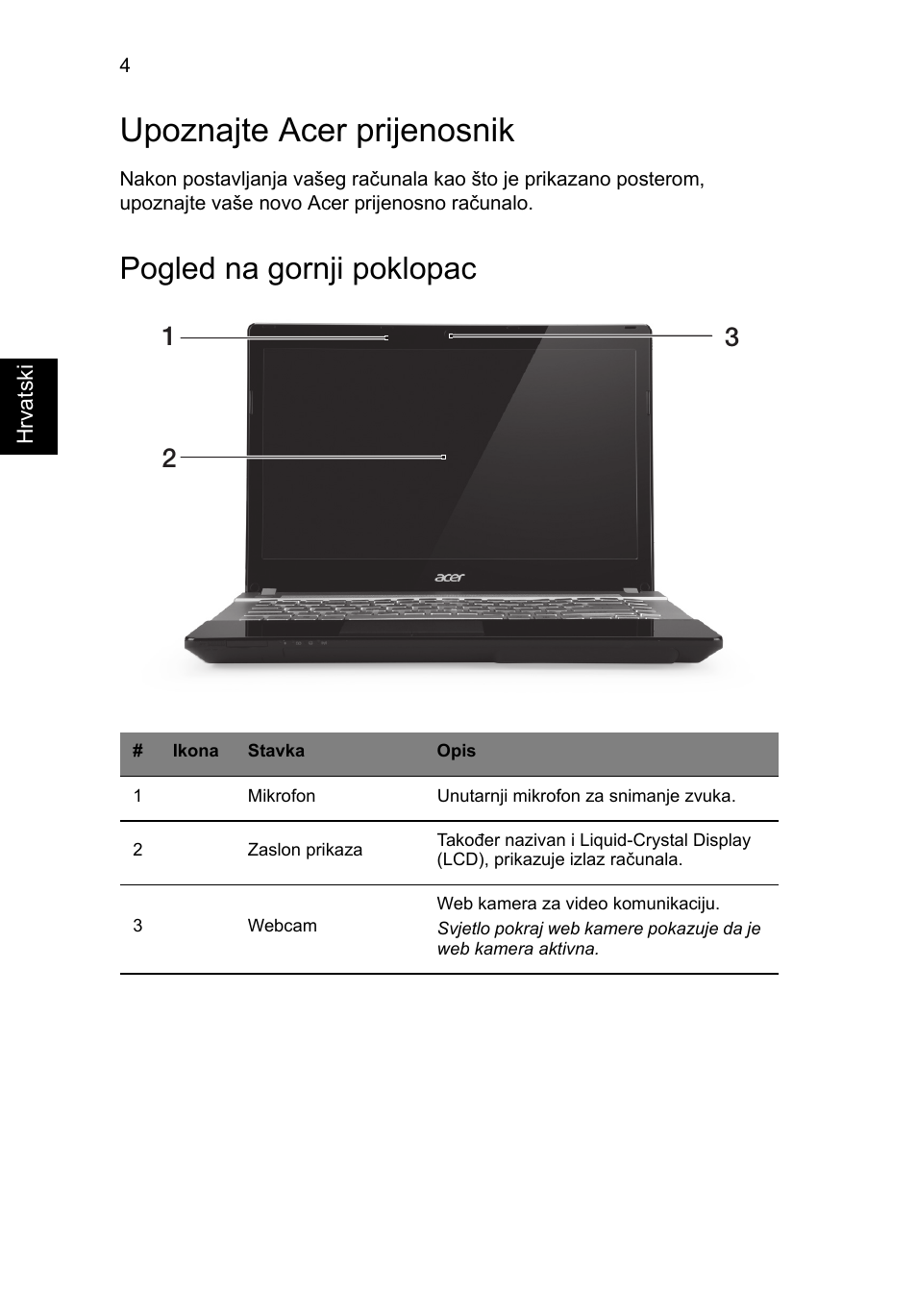 Upoznajte acer prijenosnik, Pogled na gornji poklopac | Acer Aspire V3-431 User Manual | Page 214 / 362