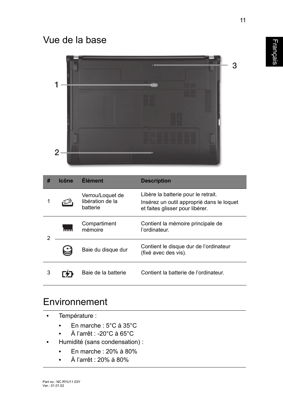 Vue de la base, Environnement, Vue de la base environnement | Français | Acer Aspire V3-431 User Manual | Page 25 / 362