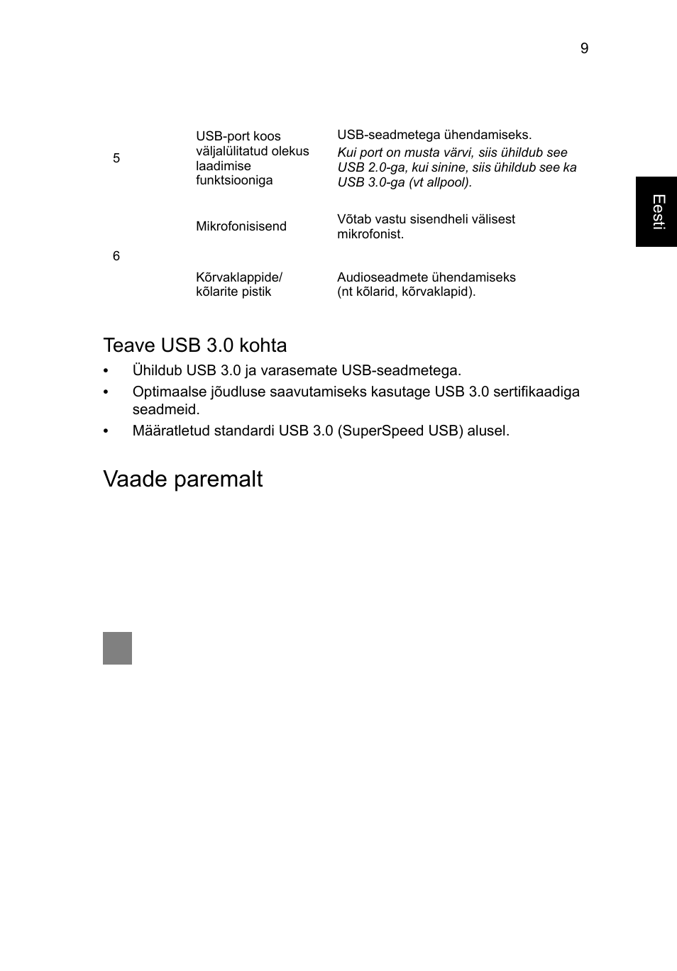 Vaade paremalt, Teave usb 3.0 kohta | Acer Aspire V3-431 User Manual | Page 255 / 362