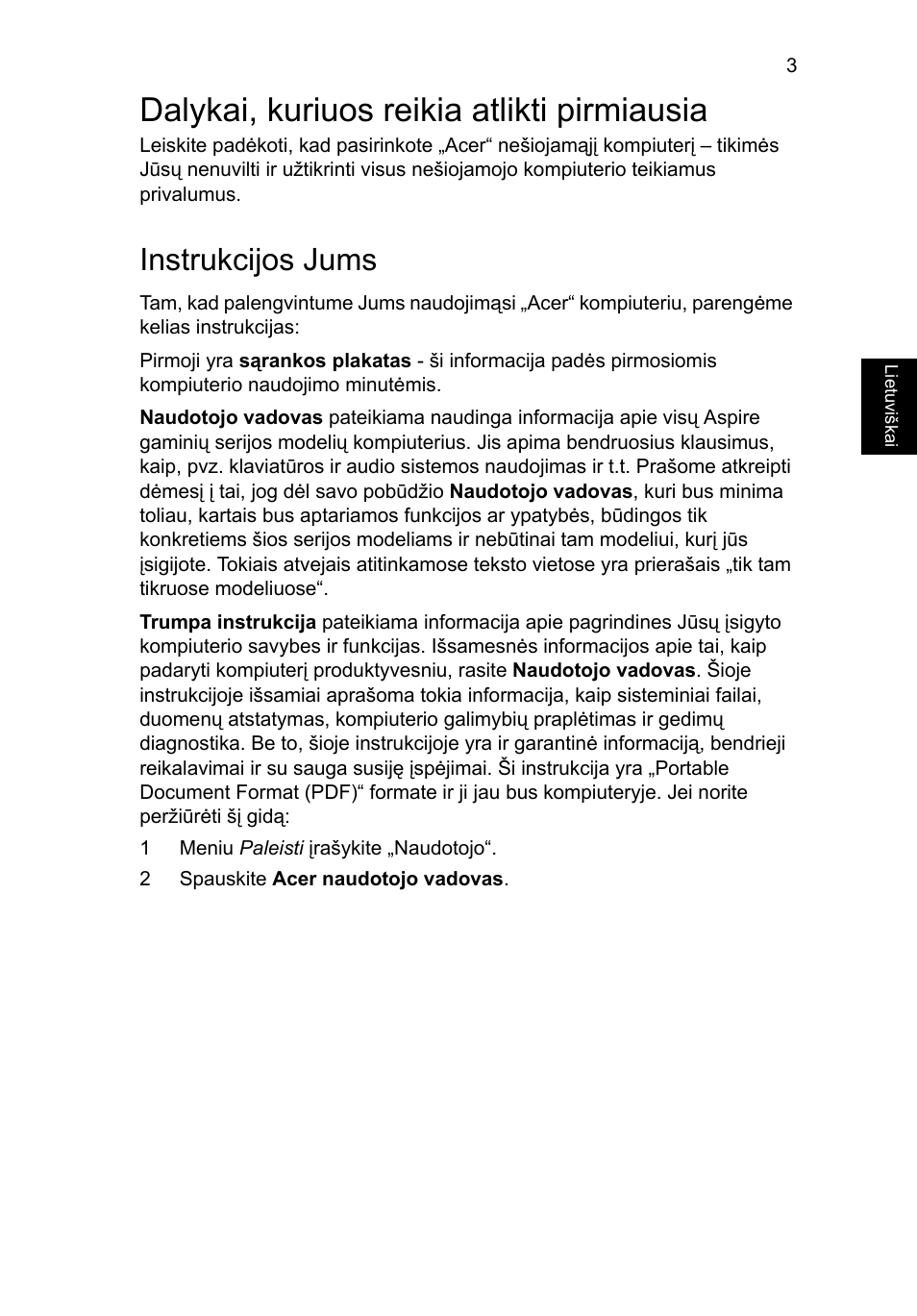 Dalykai, kuriuos reikia atlikti pirmiausia, Instrukcijos jums | Acer Aspire V3-431 User Manual | Page 273 / 362