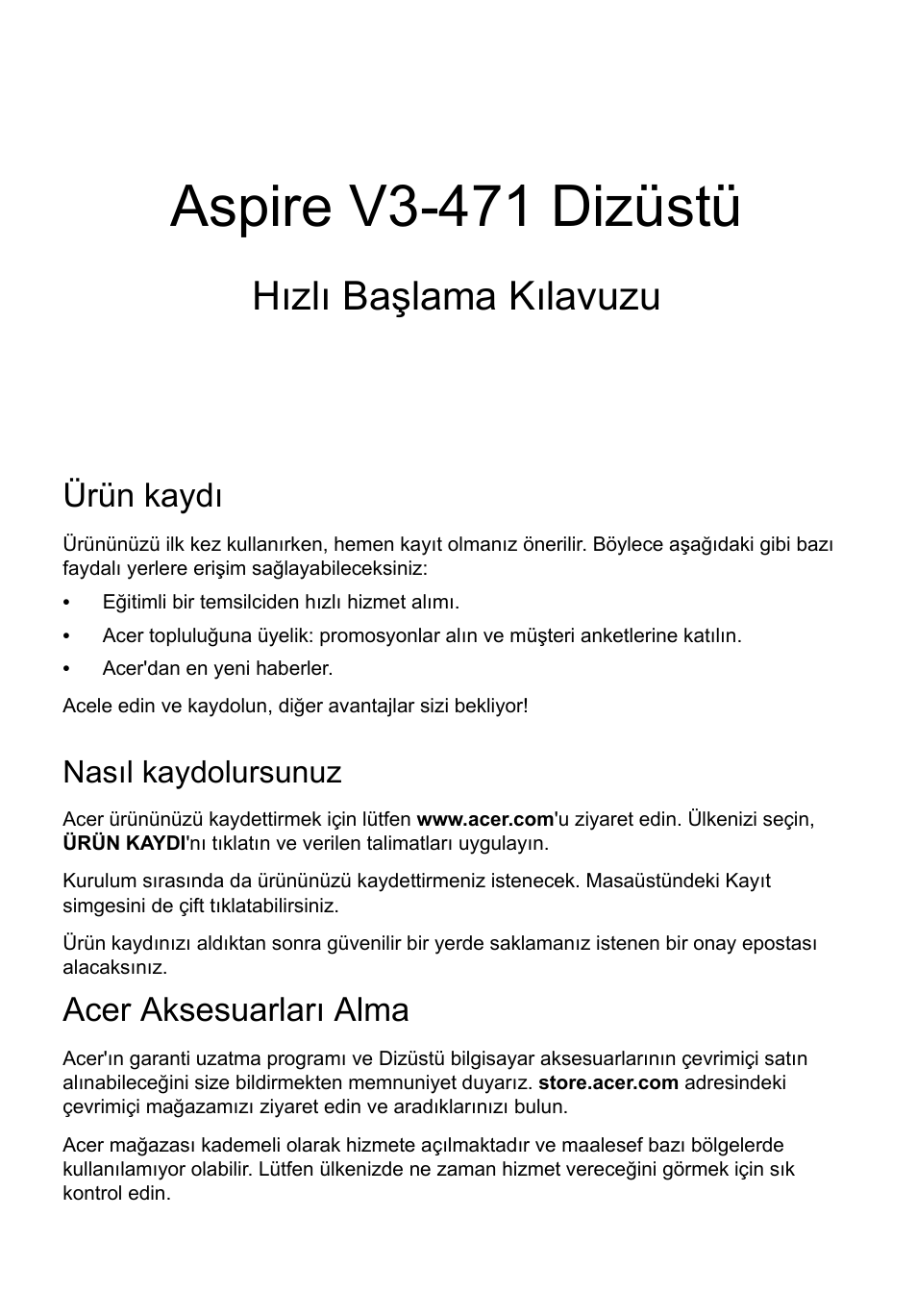 Türkçe, Ürün kaydı, Nasıl kaydolursunuz | Acer aksesuarları alma, Aspire v3-471 dizüstü, Hızlı başlama kılavuzu | Acer Aspire V3-431 User Manual | Page 295 / 362
