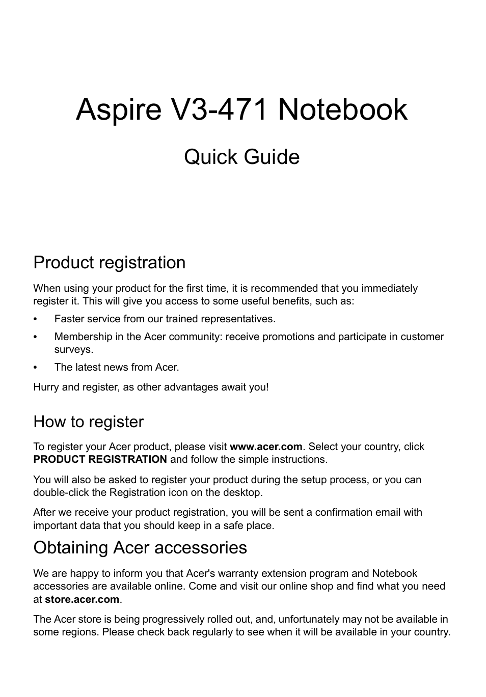 English, Product registration, How to register | Obtaining acer accessories, Quick guide | Acer Aspire V3-431 User Manual | Page 3 / 362