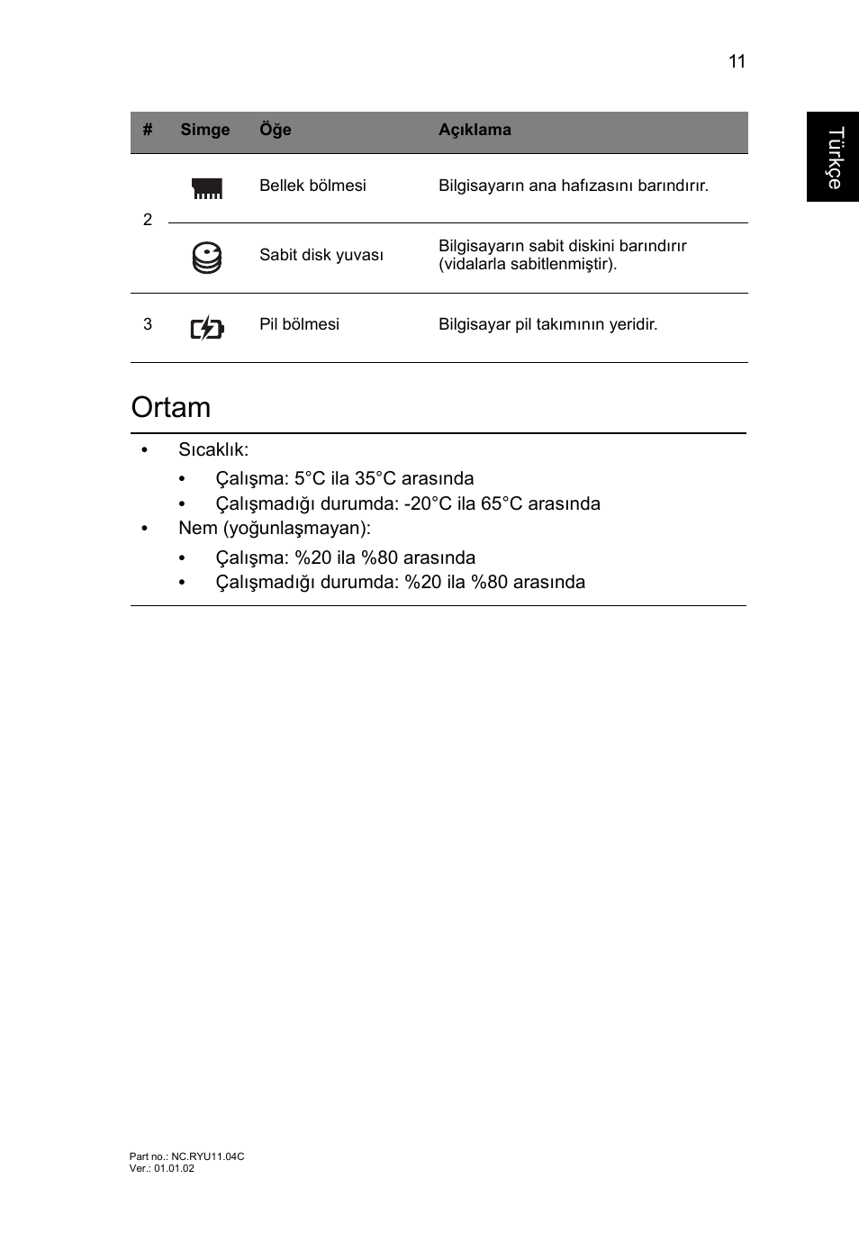 Ortam | Acer Aspire V3-431 User Manual | Page 305 / 362