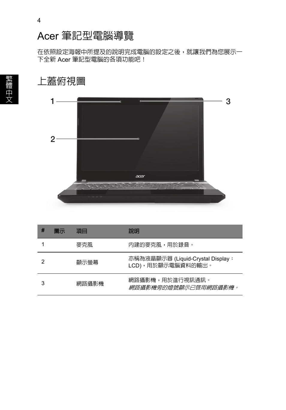 Acer 筆記型電腦導覽, 上蓋俯視圖 | Acer Aspire V3-431 User Manual | Page 322 / 362