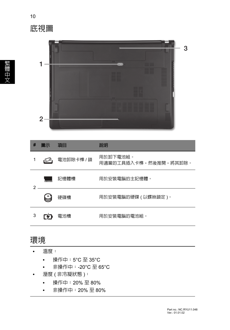 底視圖 環境 | Acer Aspire V3-431 User Manual | Page 328 / 362