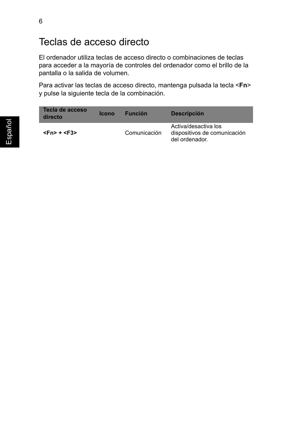 Teclas de acceso directo, Esp añol | Acer Aspire V3-431 User Manual | Page 56 / 362