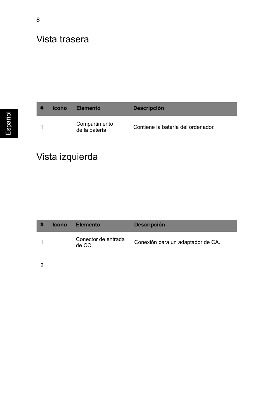 Vista trasera, Vista izquierda, Vista trasera vista izquierda | Acer Aspire V3-431 User Manual | Page 58 / 362