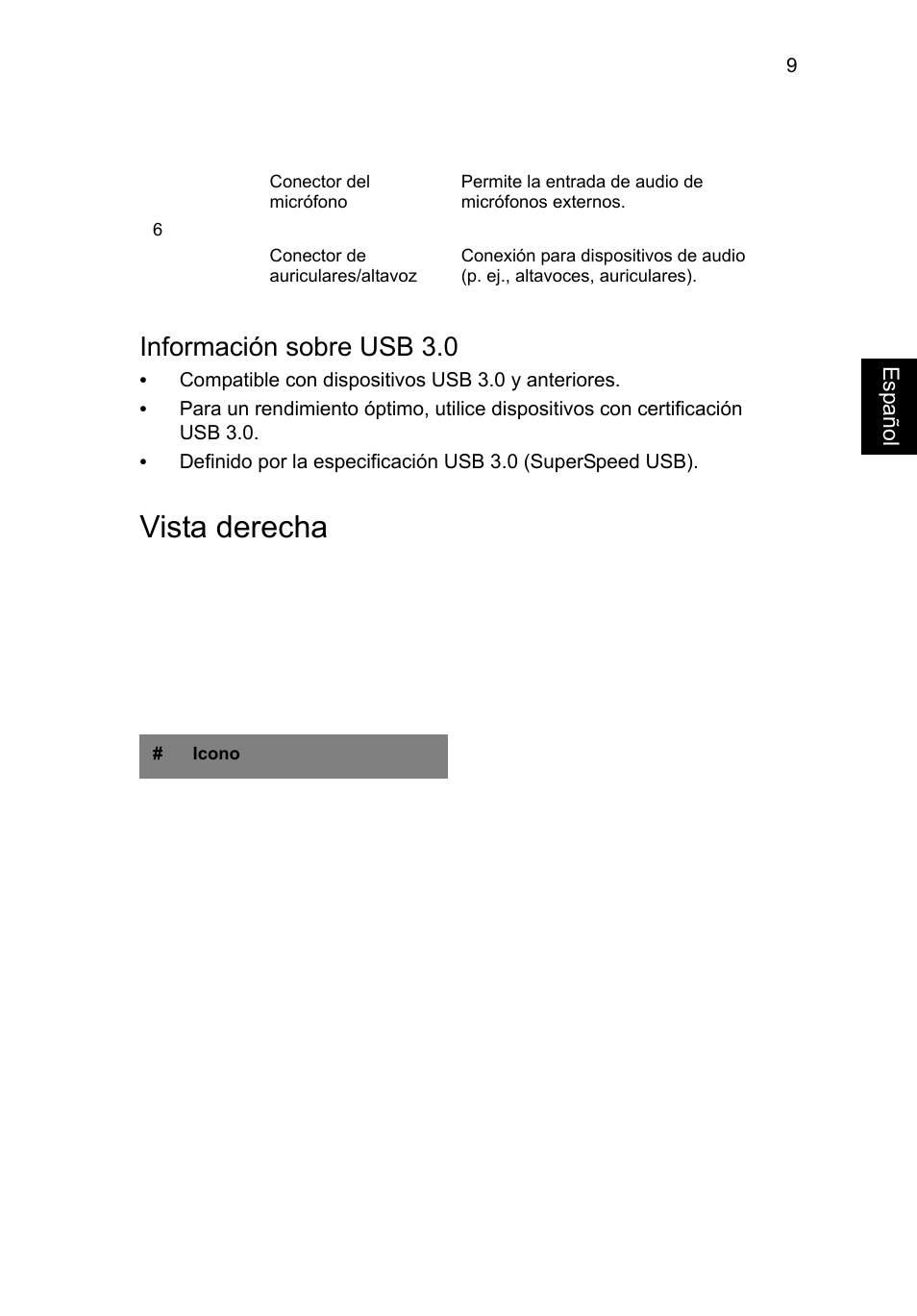 Vista derecha, Información sobre usb 3.0 | Acer Aspire V3-431 User Manual | Page 59 / 362