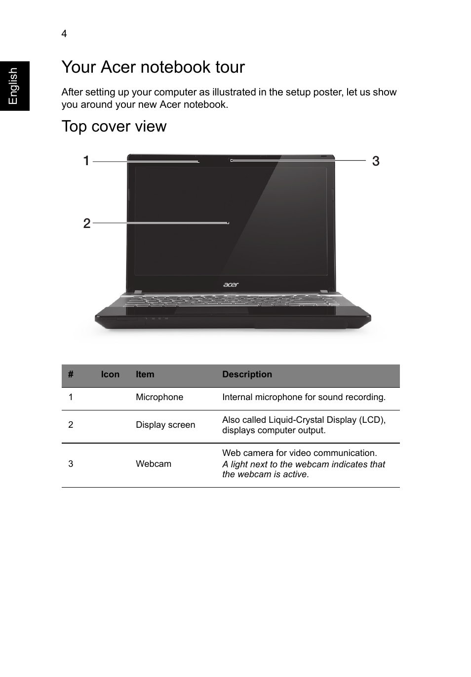 Your acer notebook tour, Top cover view | Acer Aspire V3-431 User Manual | Page 6 / 362