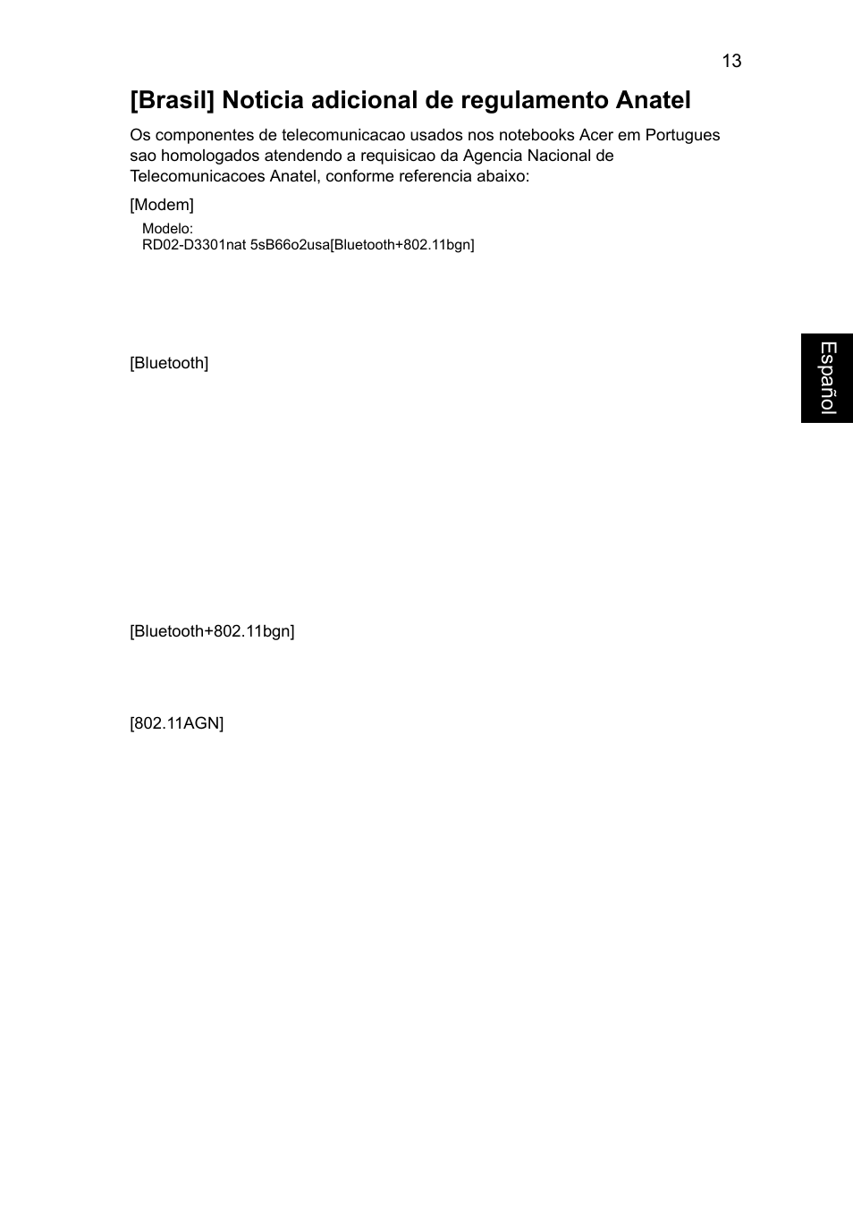 Brasil] noticia adicional de regulamento anatel, Esp añol | Acer Aspire V3-431 User Manual | Page 63 / 362