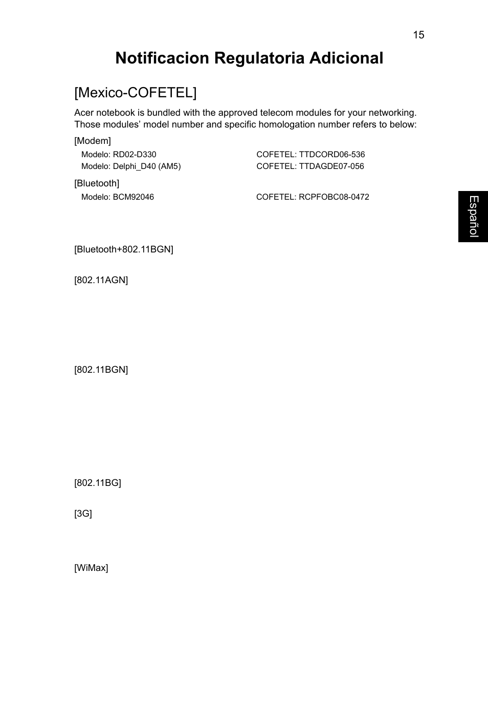 Notificacion regulatoria adicional, Mexico-cofetel, Esp añol | Acer Aspire V3-431 User Manual | Page 65 / 362