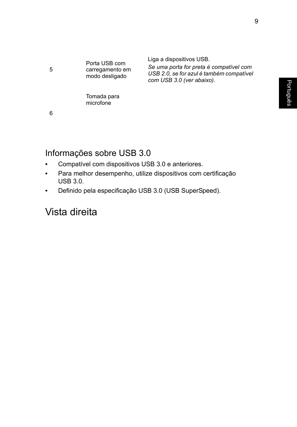 Vista direita, Informações sobre usb 3.0 | Acer Aspire V3-431 User Manual | Page 75 / 362
