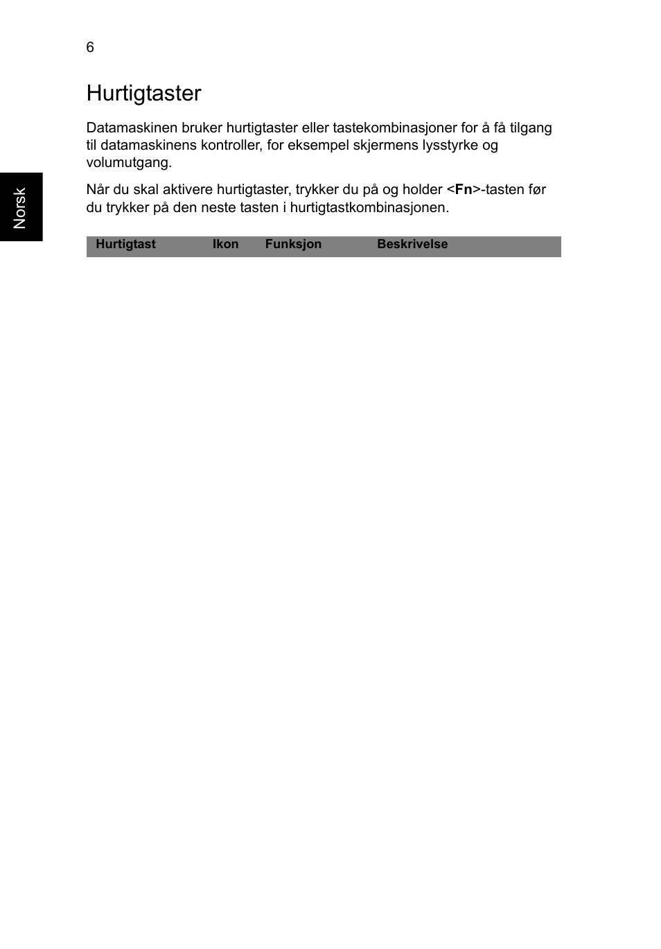 Hurtigtaster | Acer Aspire V3-431 User Manual | Page 96 / 362