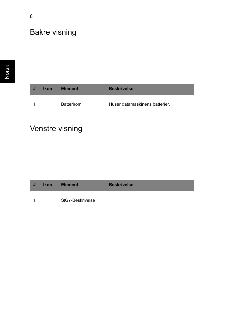 Bakre visning, Venstre visning, Bakre visning venstre visning | Acer Aspire V3-431 User Manual | Page 98 / 362