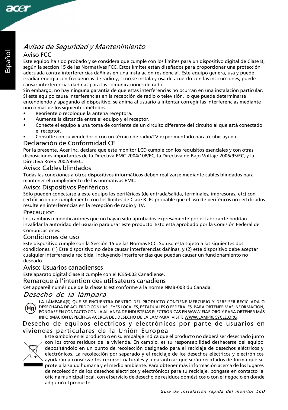 Avisos de seguridad y mantenimiento, Desecho de la lámpara, Es pa ño l es pa ño l | Acer P205H User Manual | Page 10 / 60