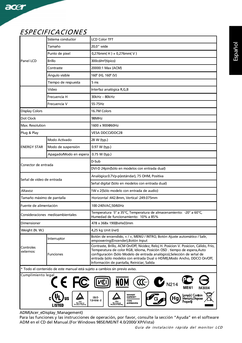Especificaciones, Es pa ño l | Acer P205H User Manual | Page 11 / 60