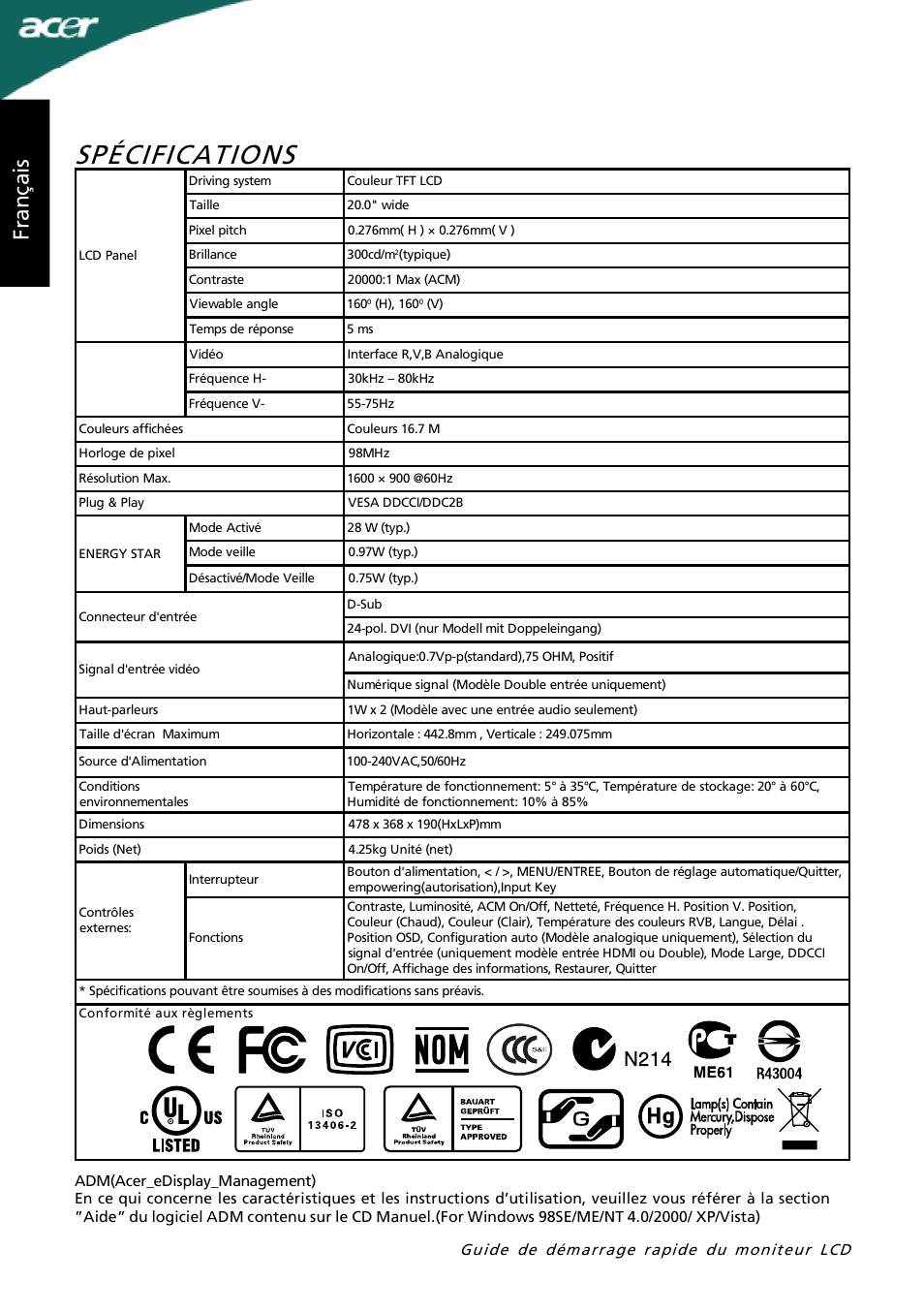 Spécifications, Fr an ça is | Acer P205H User Manual | Page 14 / 60