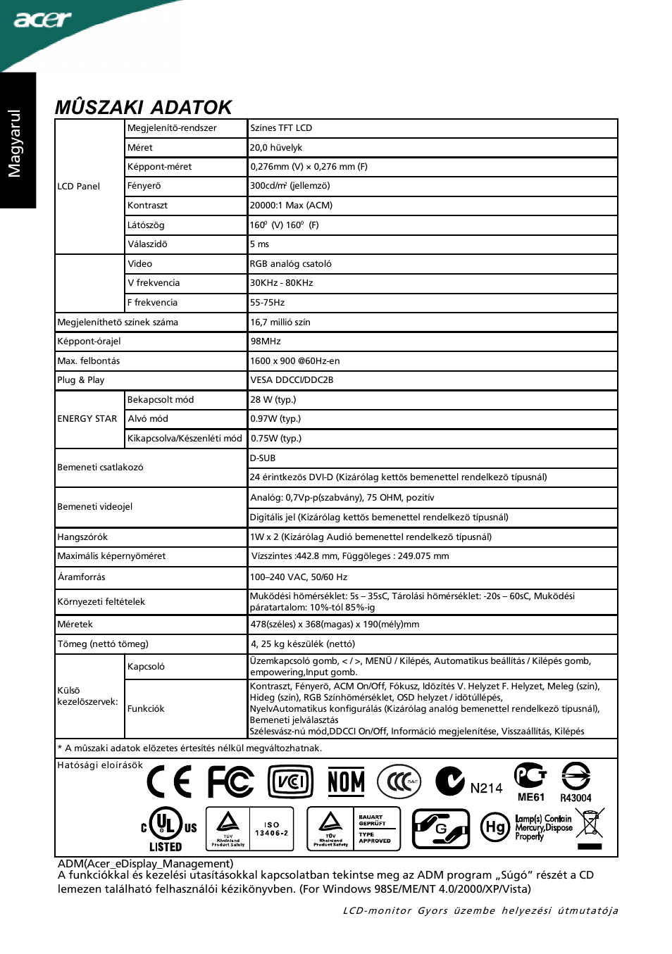 Mûszaki adatok, Mag ya ru l | Acer P205H User Manual | Page 16 / 60