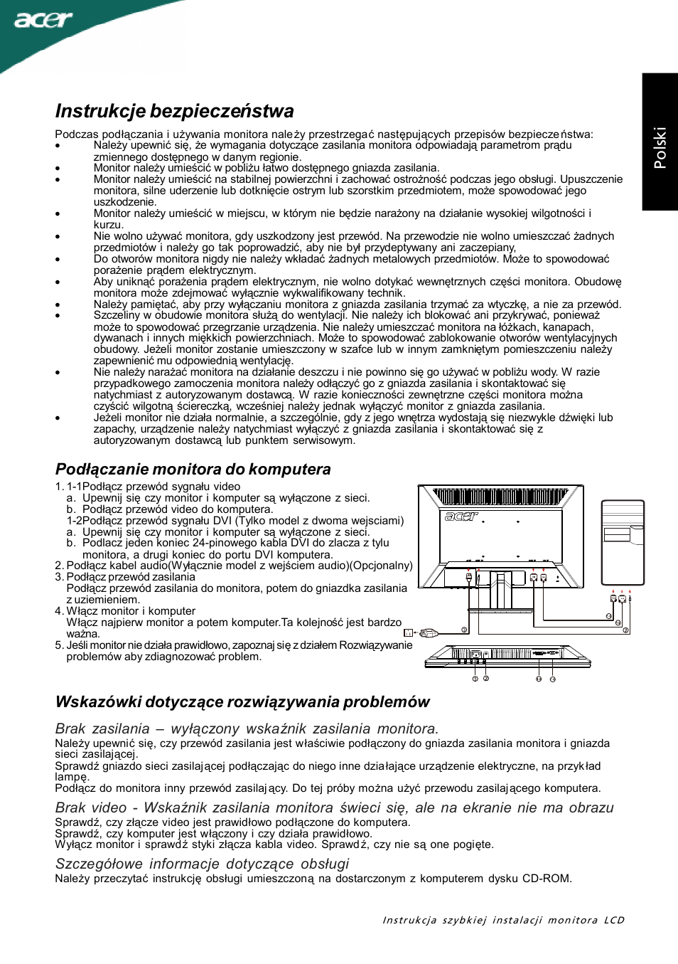 Instrukcje bezpieczeństwa, Podłączanie monitora do komputera, Szczegółowe informacje dotyczące obsługi | Acer P205H User Manual | Page 21 / 60