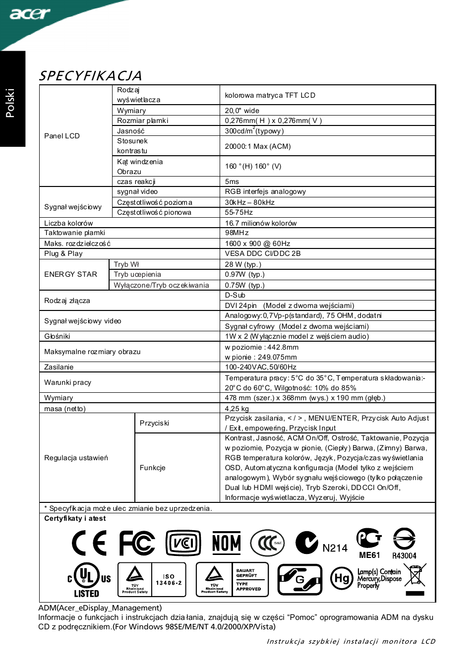 Specyfikacja, Po ls ki | Acer P205H User Manual | Page 22 / 60