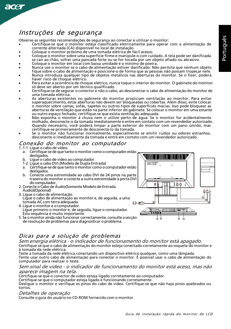 Instruções de segurança, Po rt ug uê s, Detalhes de operação | Acer P205H User Manual | Page 23 / 60