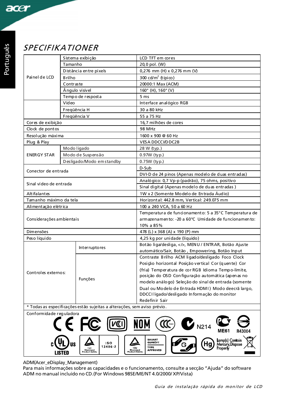 Specifikationer, Po rt ug uê s | Acer P205H User Manual | Page 24 / 60