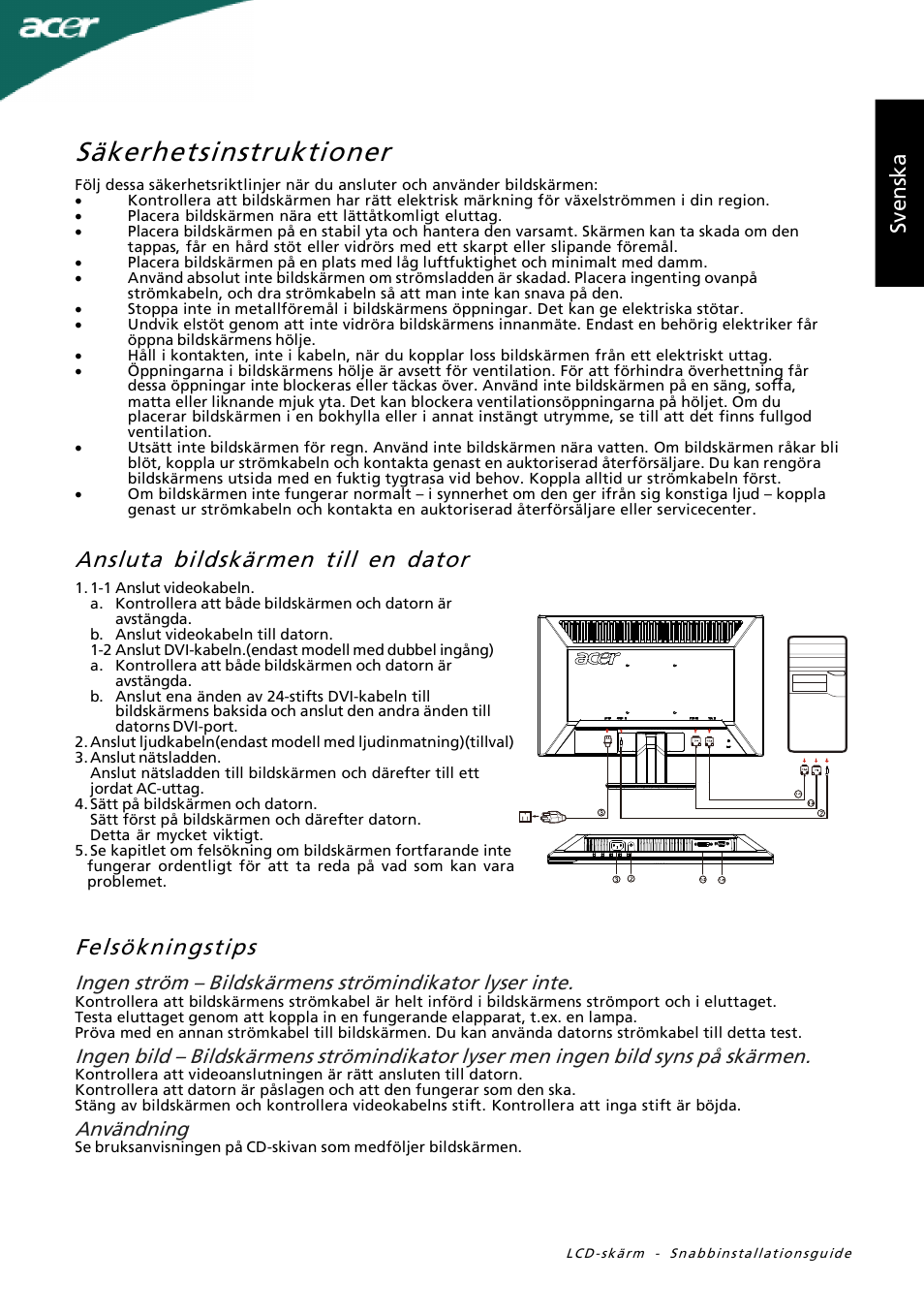 Säkerhetsinstruktioner, Felsökningstips, Ansluta bildskärmen till en dator | Sv en sk a, Användning | Acer P205H User Manual | Page 27 / 60