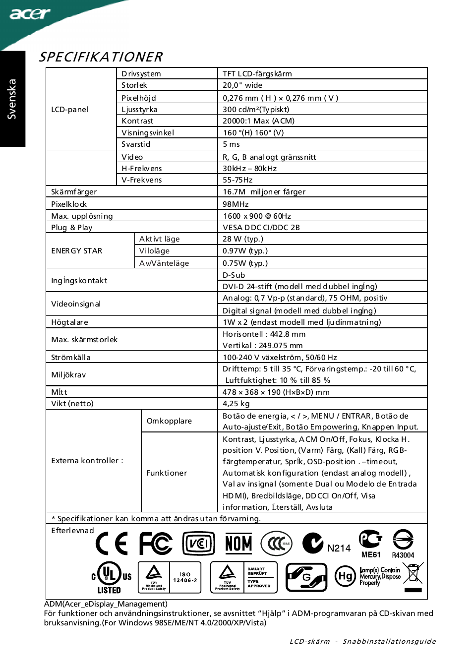 Specifikationer, Sv en sk a | Acer P205H User Manual | Page 28 / 60