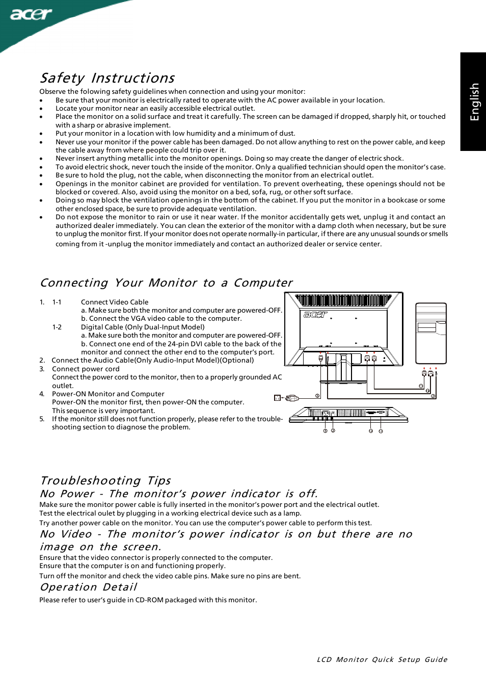 Safety instructions, Troubleshooting tips, Connecting your monitor to a computer | En gl is h, No power - the monitor’s power indicator is off, Operation detail | Acer P205H User Manual | Page 3 / 60