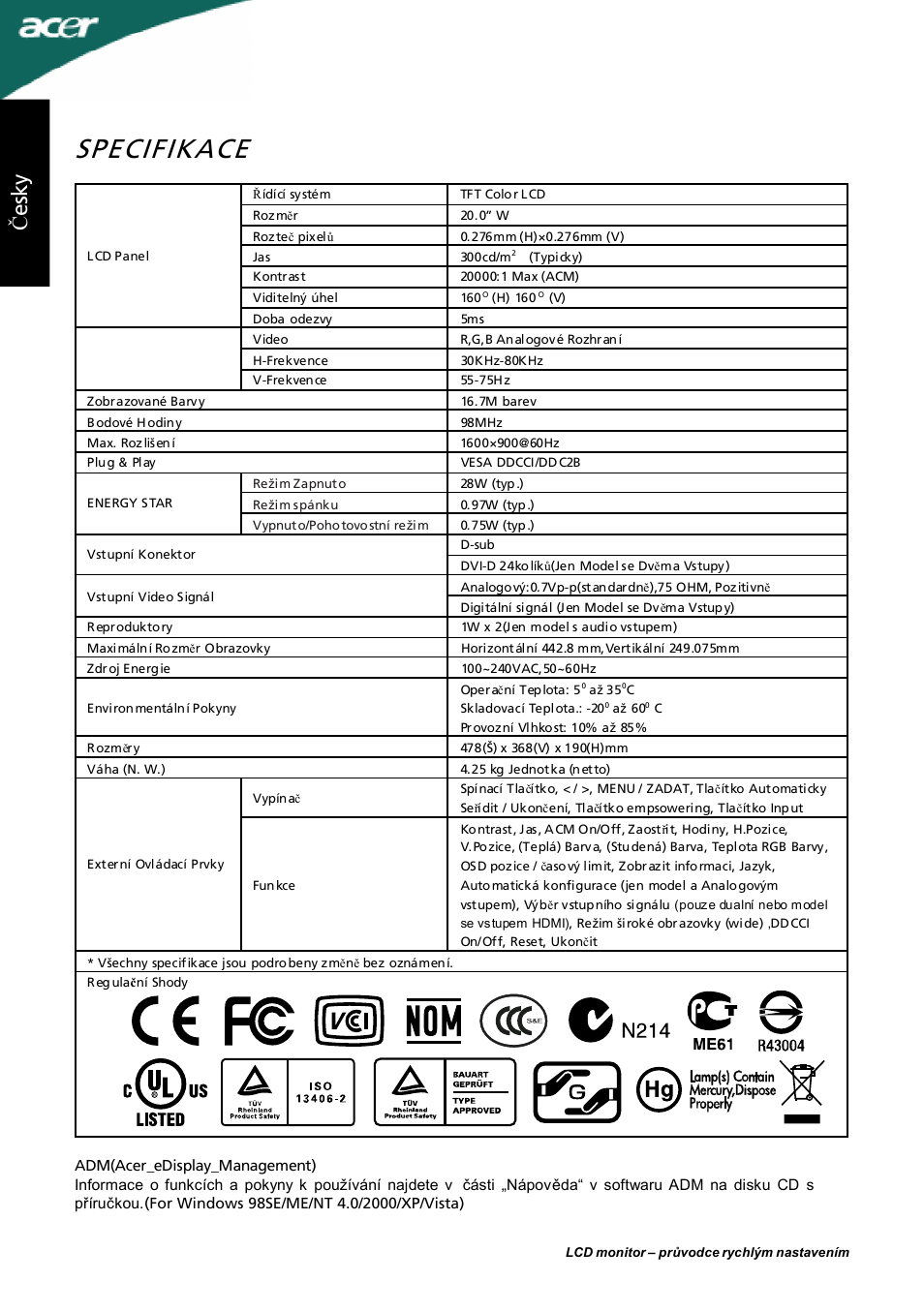 Specifikace, Čes ky | Acer P205H User Manual | Page 30 / 60