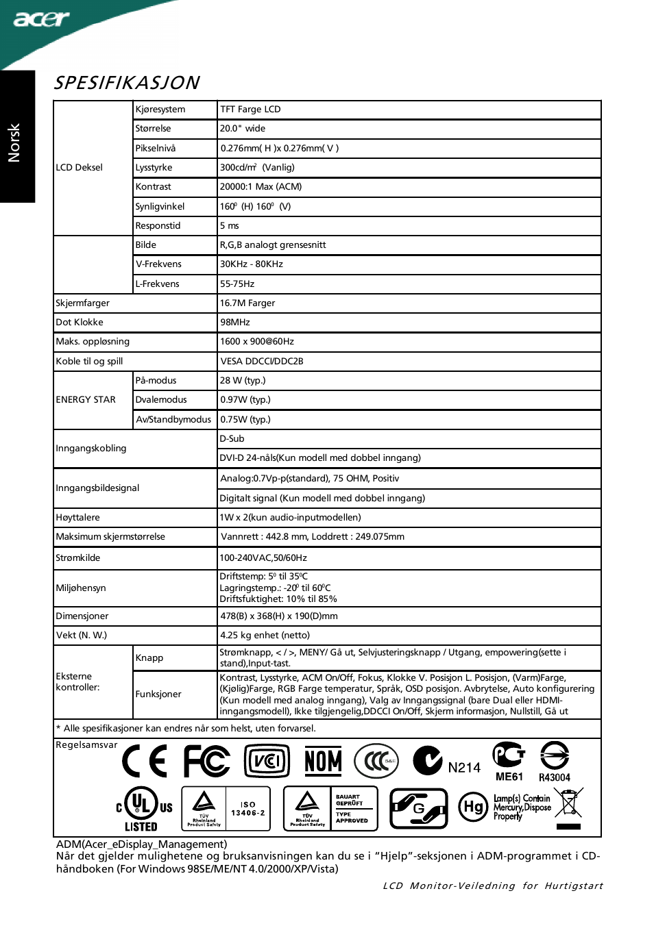 Spesifikasjon, Nor sk | Acer P205H User Manual | Page 40 / 60