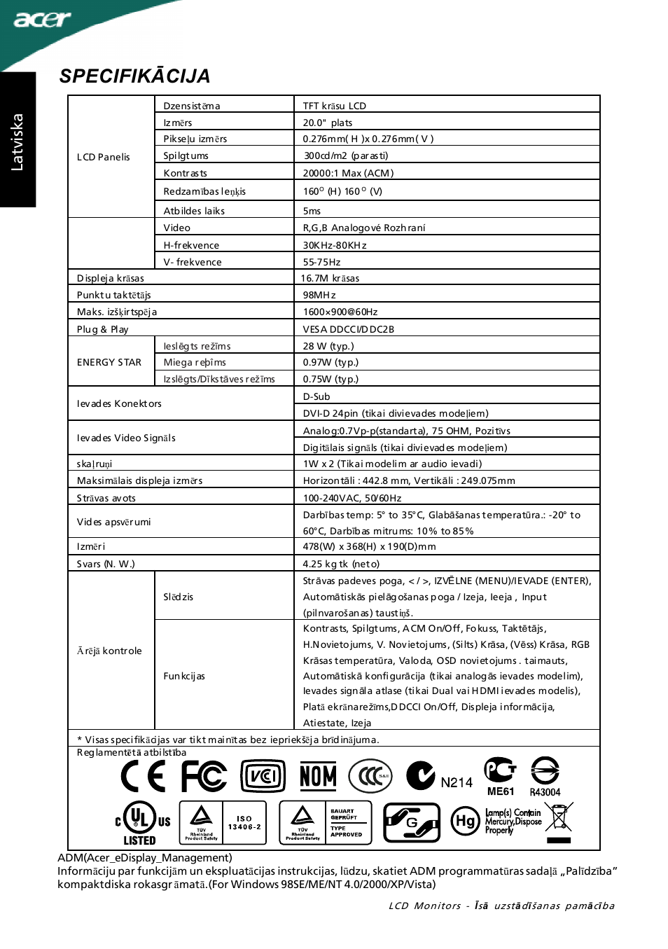 Specifikācija, La tv is ka | Acer P205H User Manual | Page 44 / 60