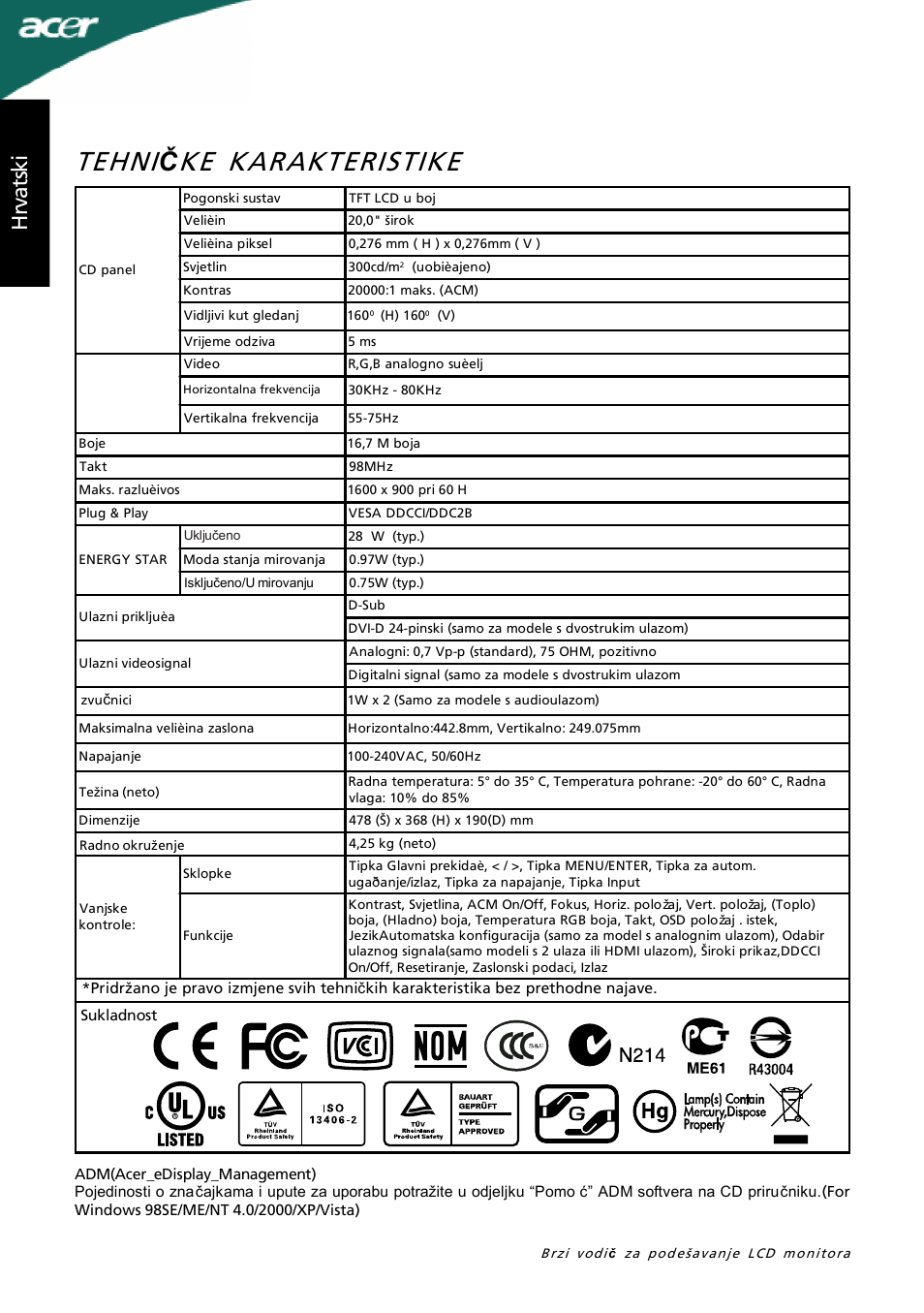 Tehni, Ke karakteristike, Hrv at sk i | Acer P205H User Manual | Page 48 / 60
