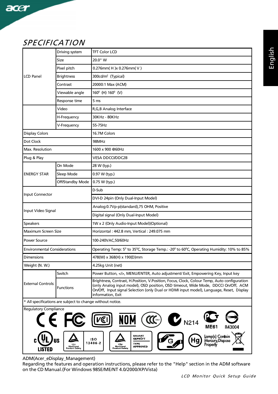 Specification, En gl is h | Acer P205H User Manual | Page 5 / 60