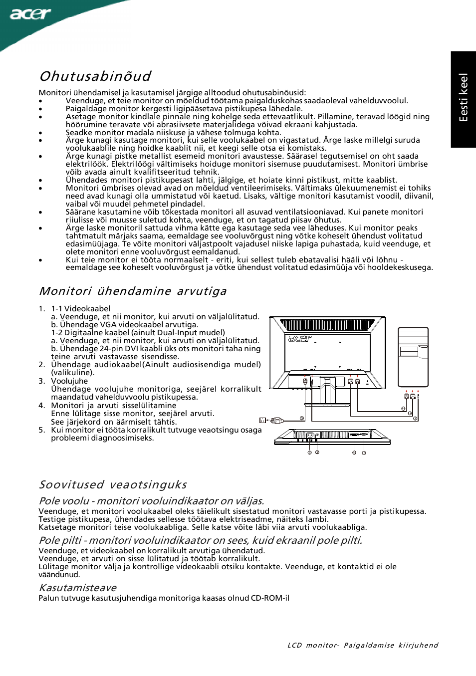 Ohutusabinõud, Ee st i k ee l, Pole voolu - monitori vooluindikaator on väljas | Kasutamisteave | Acer P205H User Manual | Page 51 / 60