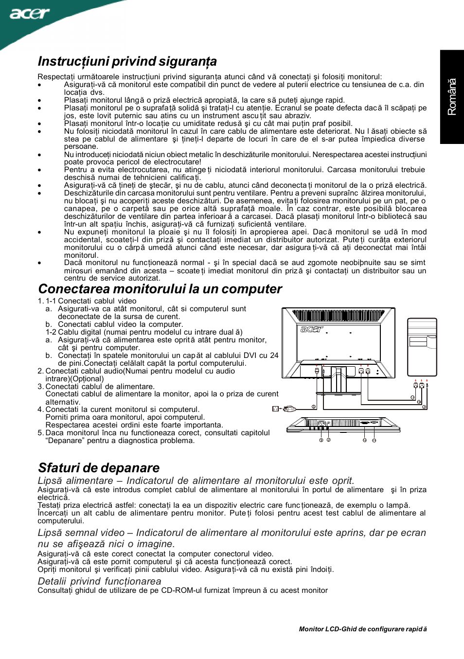 Instrucţiuni privind siguranţa, Rom ân ă, Detalii privind funcţionarea | Acer P205H User Manual | Page 53 / 60