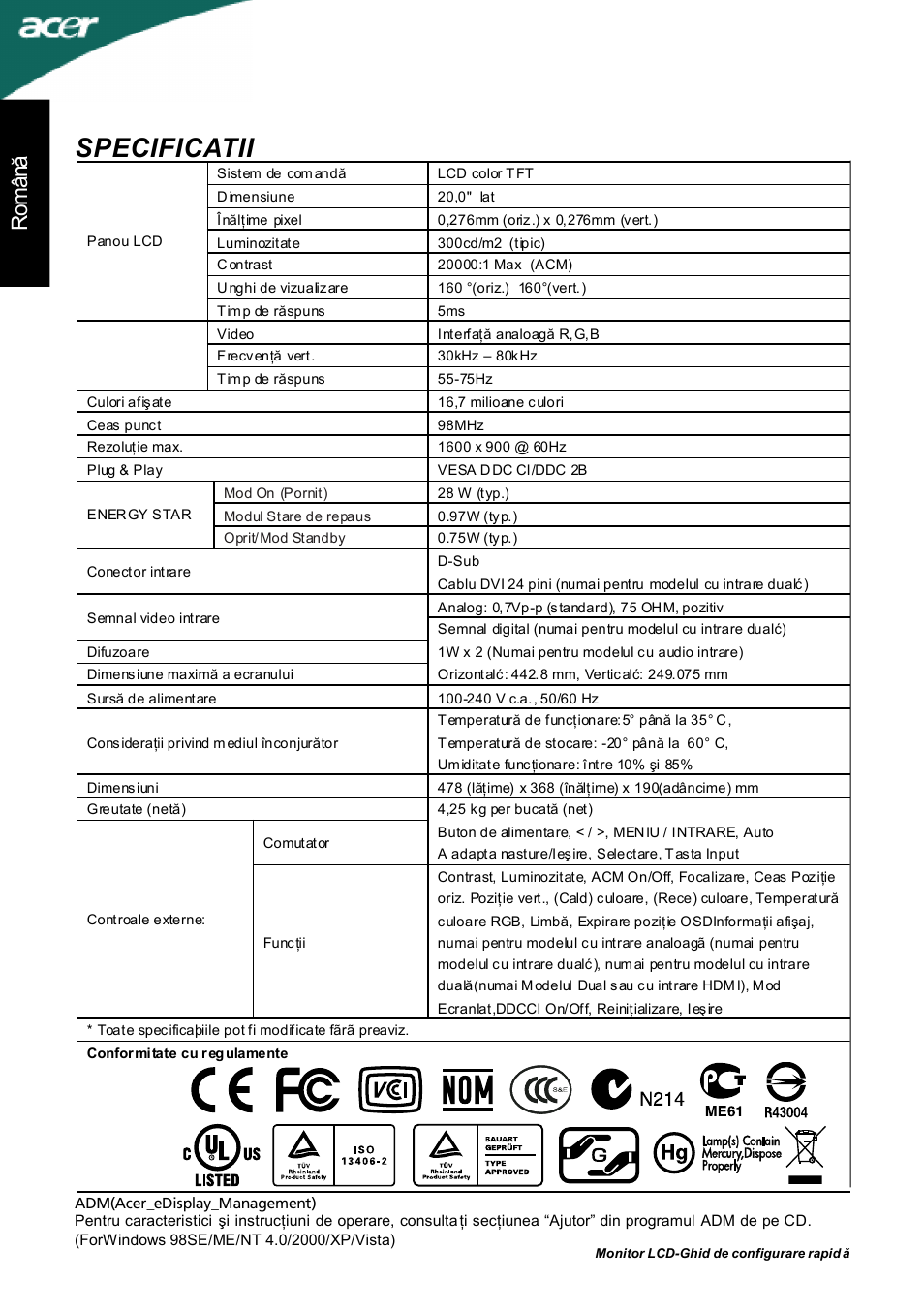 Specificatii, Rom ân ă | Acer P205H User Manual | Page 54 / 60