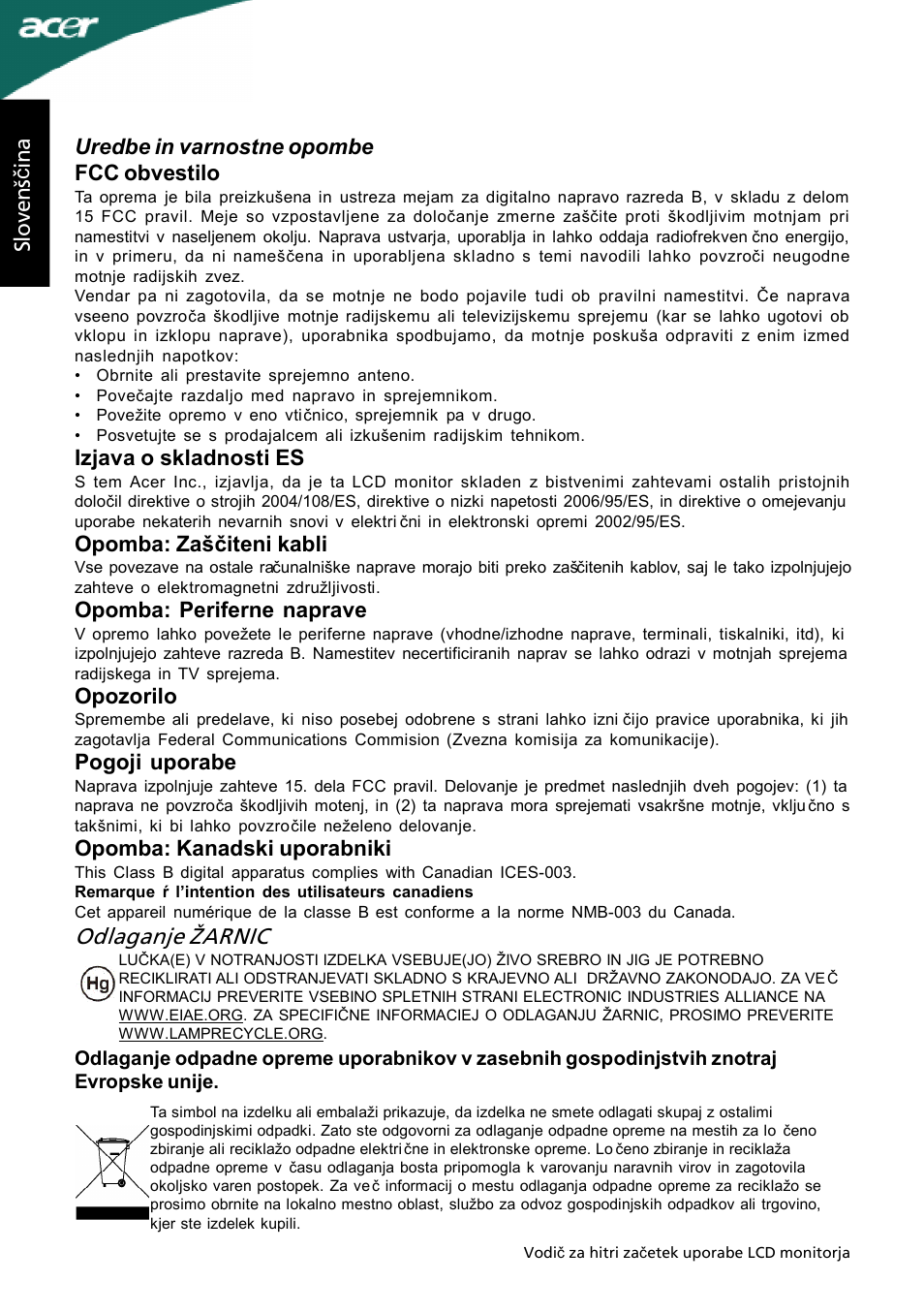 Odlaganje žarnic | Acer P205H User Manual | Page 56 / 60